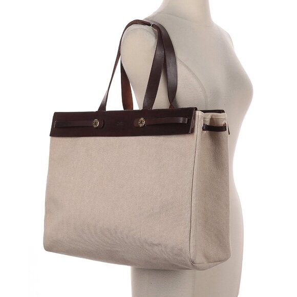 Hermes Herbag  Brown Leather and Cream Canvas Tote Bag - Picture 1 of 14
